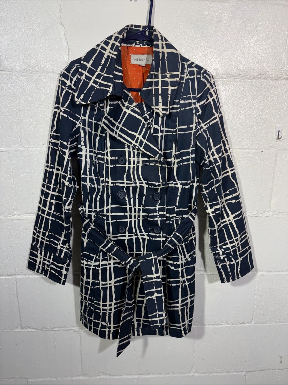 Merona Navy and White Plaid Double-Breasted Trench Coat